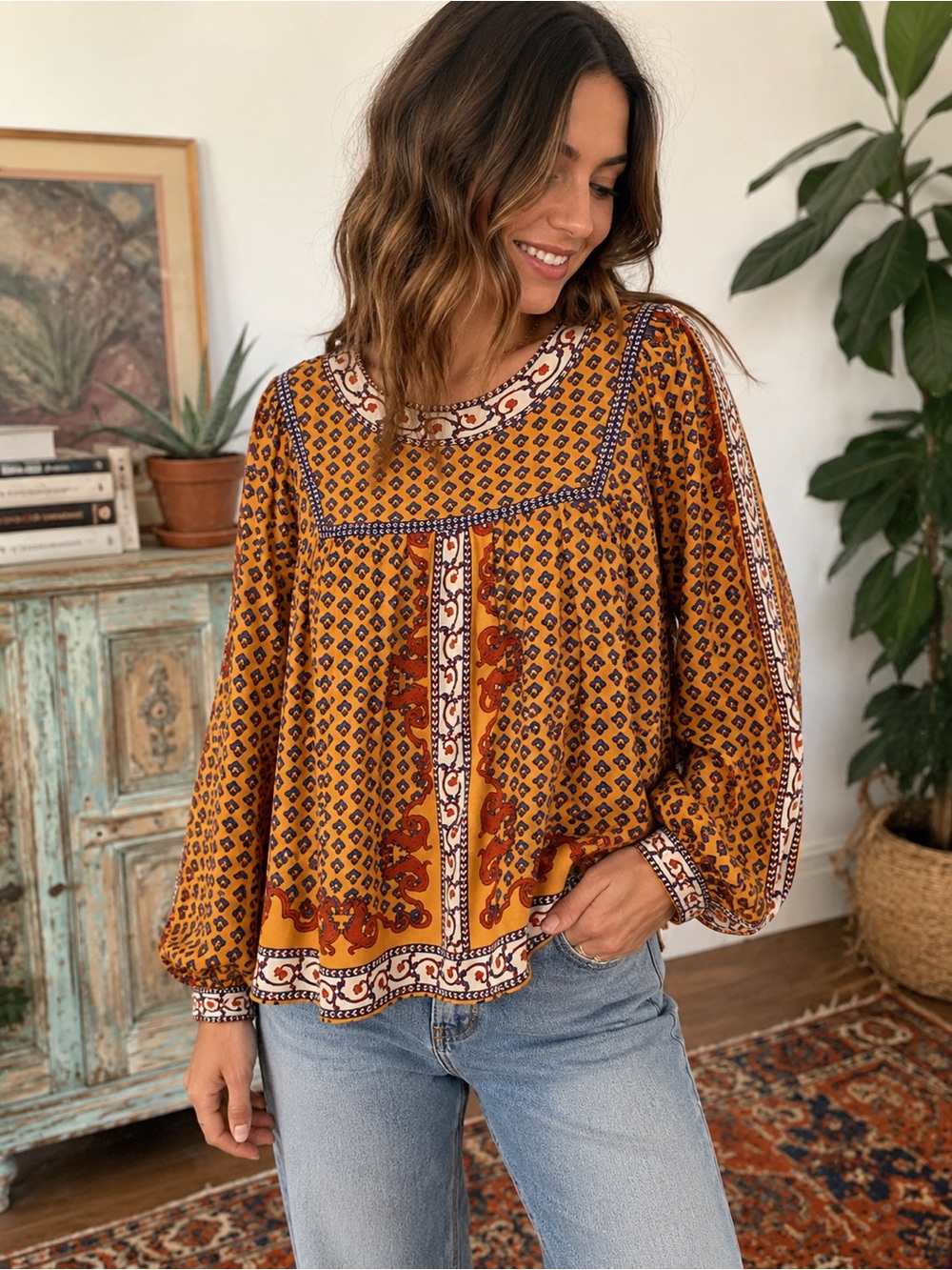 Flying Tomato Mustard Yellow Printed Boho Blouse